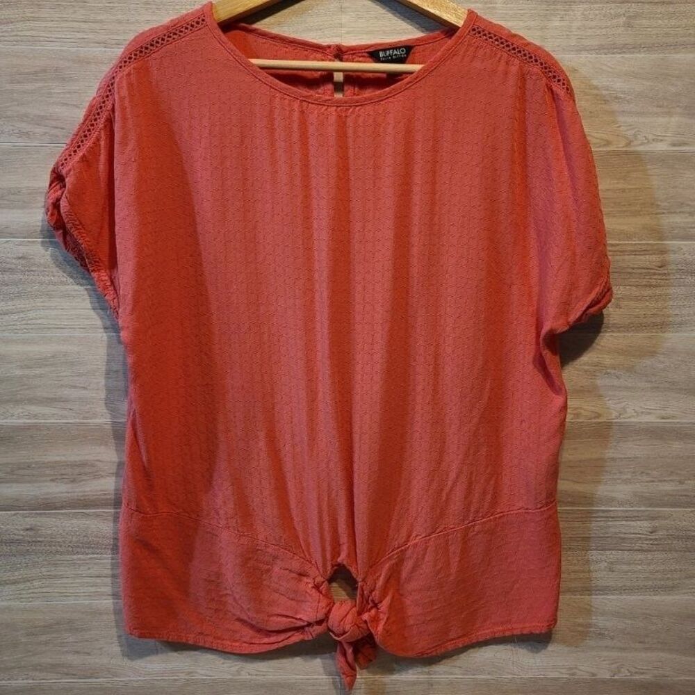 Buffalo David Bitton Coral Blouse Size M Short Sleeve Tie Waist Casual Top Shirt